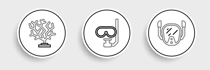 Set line Diving mask, Coral and and snorkel icon. Vector