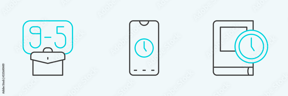 Poster set line time for book, from 9 and alarm clock app mobile icon. vector