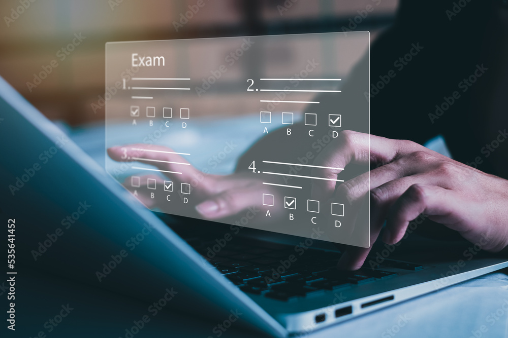 Poster online exam concept, choose correct answer in test. checklist and online testing on laptop. online e