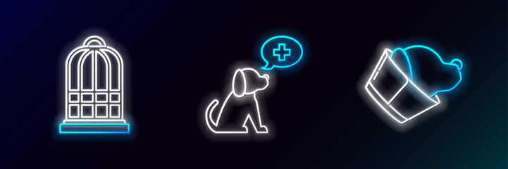 Set line Veterinary clinic symbol, Cage for birds and icon. Glowing neon. Vector