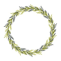 Watercolor Christmas wreath. Greenery branches, isolated on white background