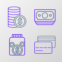 Set line Credit card, Glass money jar with coin, Stacks paper cash and Coin dollar icon. Vector