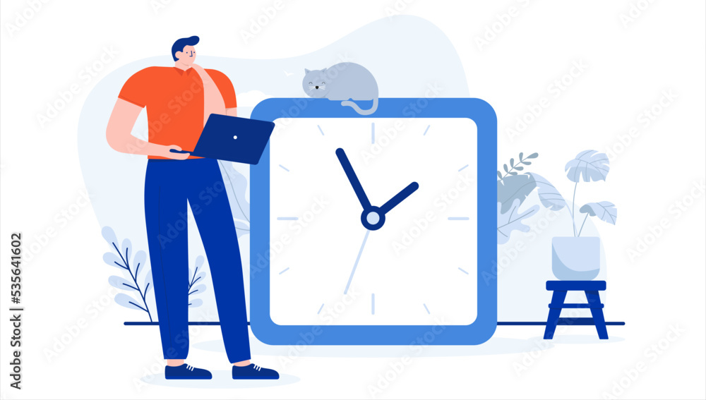 Poster man watching time - person standing holding computer looking at clock as time goes by. work hours an