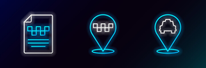 Set line Location with taxi, Taxi driver license and icon. Glowing neon. Vector