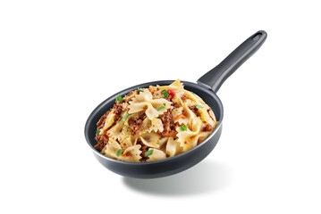 Minced beef tomato sauce pasta in a black pan on a white isolated background
