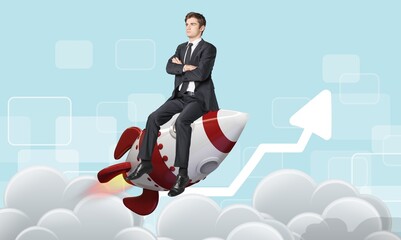 Smart businessman fly on rocket with sky background