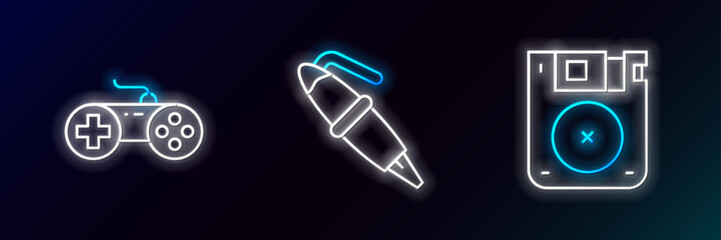 Set line Floppy disk, Gamepad and Fountain pen nib icon. Glowing neon. Vector