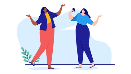 Taking photo of friend with phone - Two women photographing with mobile camera having fun. Flat design cartoon illustration with white background