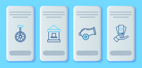 Set line Ticket box office, Cannon, Unicycle or one wheel bicycle and Hand holding playing cards icon. Vector © Oksana