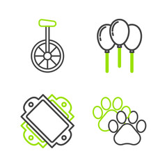 Set line Paw print, Ticket, Balloons with ribbon and Unicycle or one wheel bicycle icon. Vector