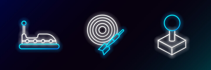 Set line Joystick for arcade machine, Bumper car and Classic dart board and arrow icon. Glowing neon. Vector