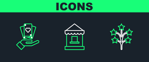 Set line Fireworks, Hand holding playing cards and Ticket box office icon. Vector