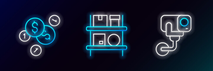 Set line Security camera, Coin money with dollar and Warehouse interior boxes icon. Glowing neon. Vector