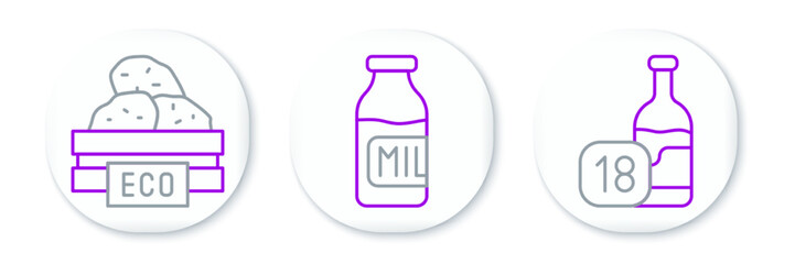 Set line Wine bottle, Wooden box for fruits and Bottle with milk icon. Vector