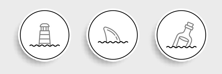 Set line Bottle with message in water, Lighthouse and Shark fin ocean wave icon. Vector