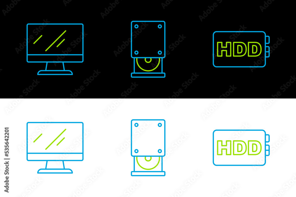 Poster set line hard disk drive hdd, computer monitor screen and optical disc icon. vector