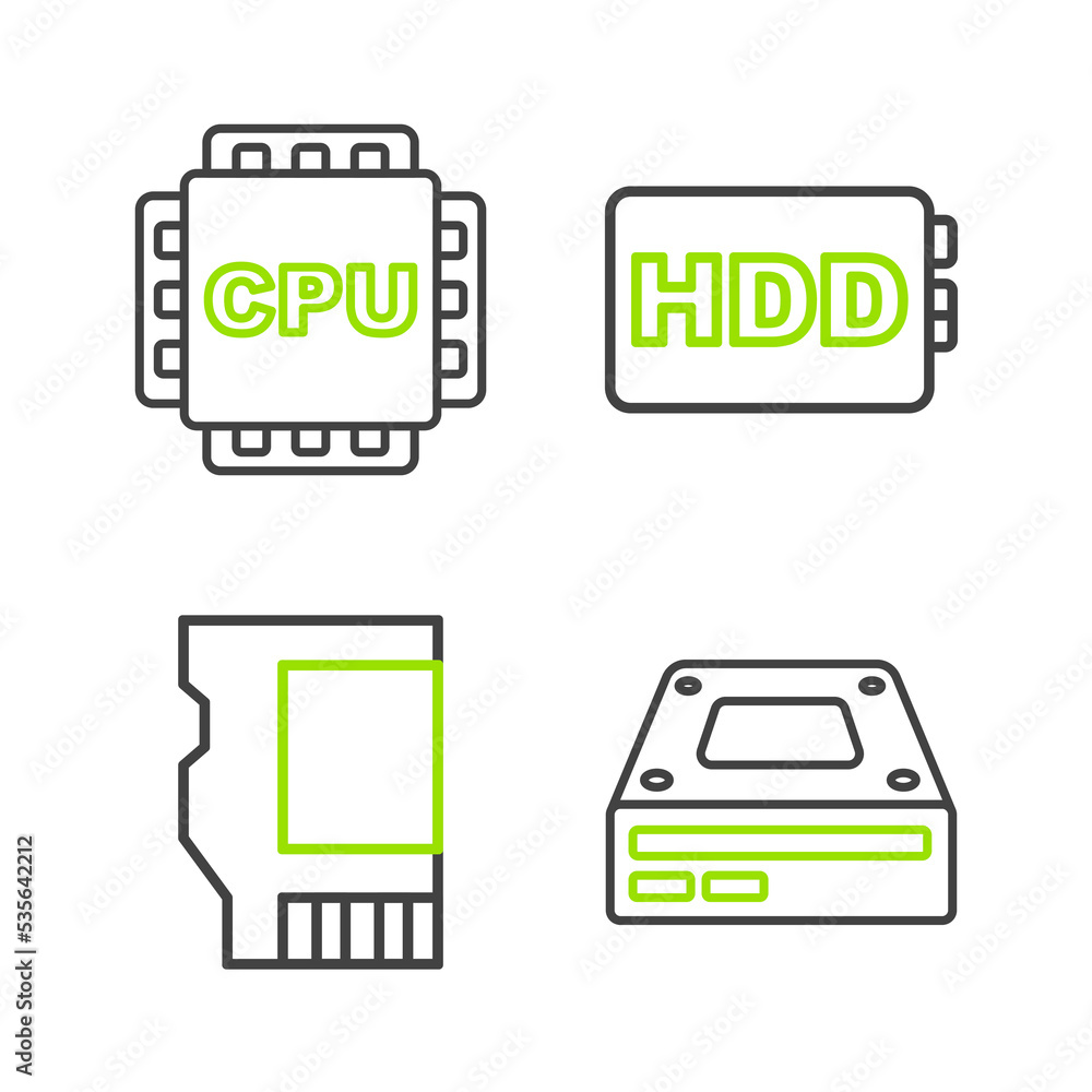 Poster set line optical disc drive, sd card, hard disk hdd and processor with cpu icon. vector