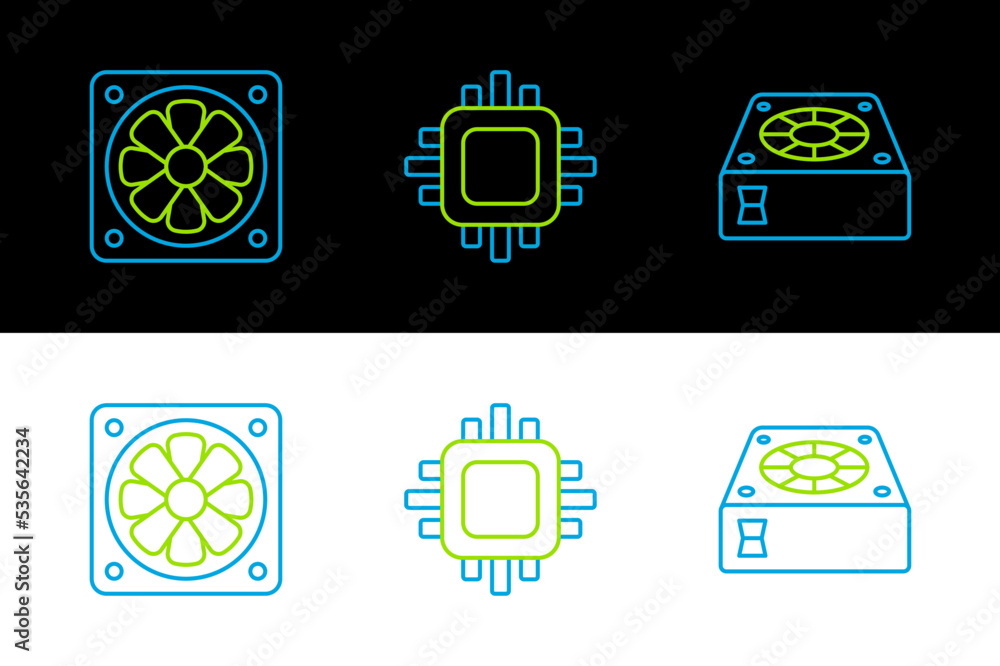 Poster set line computer cooler, and processor with cpu icon. vector