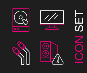 Set line Case of computer, LAN cable network internet, Computer monitor screen and Hard disk drive HDD icon. Vector