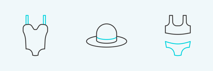 Set line Swimsuit, and Man hat icon. Vector