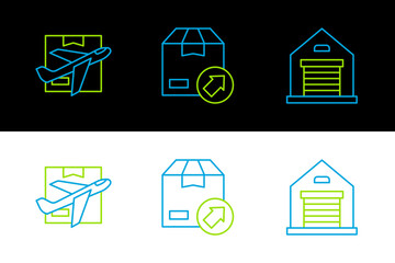 Set line Warehouse, Plane and cardboard box and Carton icon. Vector
