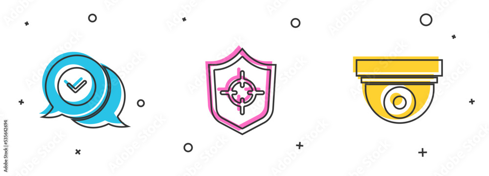 Poster set check mark in speech bubble, shield and security camera icon. vector