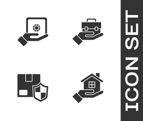 Set House in hand, Safe, Delivery security with shield and Hand holding briefcase icon. Vector