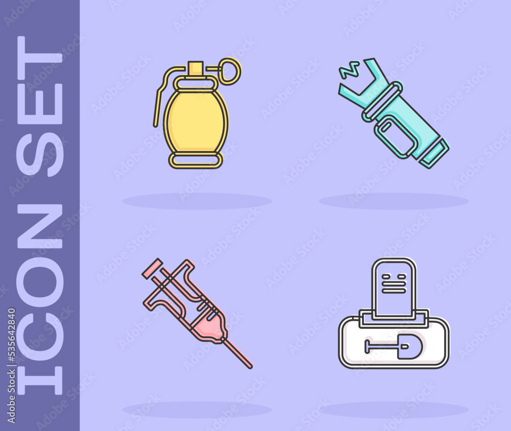 Sticker Set Grave with tombstone, Hand grenade, Syringe and Police electric shocker icon. Vector