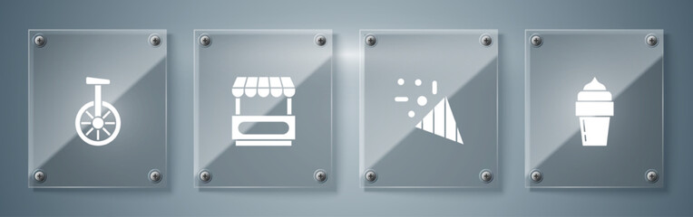 Set Ice cream, Festive confetti, Fast street food cart and Unicycle or one wheel bicycle. Square glass panels. Vector © Oksana