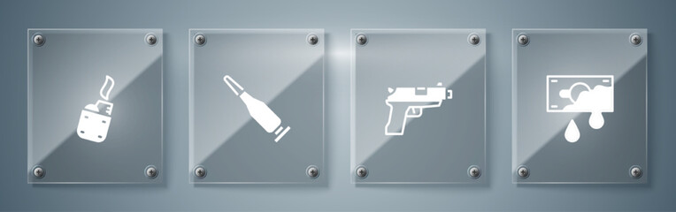 Set Bloody money, Pistol or gun, Bullet and Lighter. Square glass panels. Vector