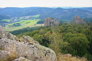 View from rock formation Bruchhausen Rocks (german: Bruchhauser Steine) in Sauerland region, Germany
