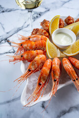 shrimp on ice champagne on a gray background