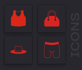 Set Cycling shorts, Undershirt, Handbag and Man hat icon. Vector