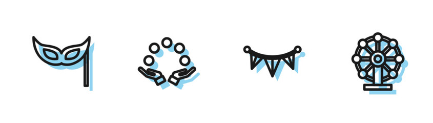 Obraz premium Set line Carnival garland with flags, Festive mask, Juggling ball and Ferris wheel icon. Vector