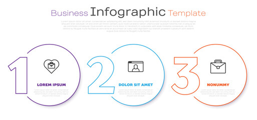 Set line Heart with text work, Video chat conference and Briefcase. Business infographic template. Vector