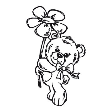 Teddy bear with flower - kind animal vector drawing