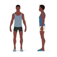 Adult person, underwear and slippers. Isometric vector illustration of an African ethnicity person standing and a person walking.