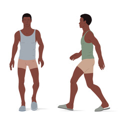 Fototapeta na wymiar Adult person, underwear and slippers. Isometric vector illustration of an African ethnicity person standing and a person walking.