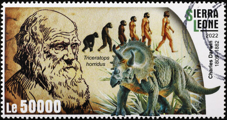 Celebration of Charles Darwin and the evolution on stamp - obrazy, fototapety, plakaty