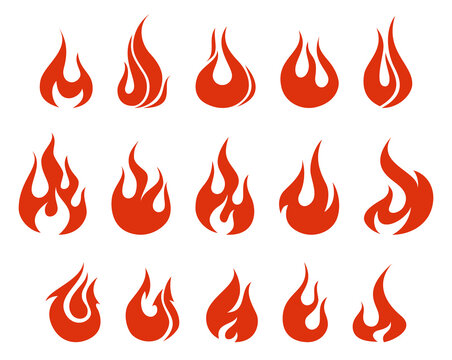 Red fire icons, flame shaped elements, vector illustrations set