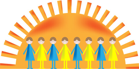 people in blue-yellow clothes of the colors of the flag of Ukraine against the backdrop of the sun