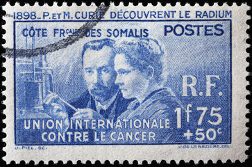 Pierre and Marie Curie on old french postage stamp - obrazy, fototapety, plakaty
