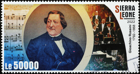 Portrait of Gioachino Rossini on postage stamp