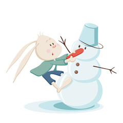 1 / 25 Cute bunny pulls out carrot from the snowman. Christmas, New Year and Easter coloured vector for banner, cards and product design. Collection of rabbits in cartoon style. Fun and humour.