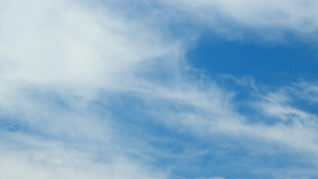 Cirrus cloud with blue sky background. Awesome white filaments of clouds and light effects. Time lapse.