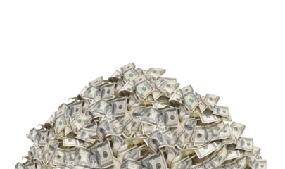 Pile with american one hundred dollar bills isolated on white background