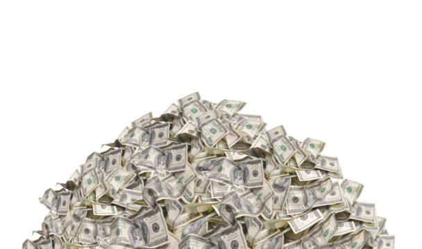 Pile with american one hundred dollar bills isolated on white background