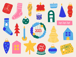 New Year set Christmas elements in hand drawn style. Isolated icons, stickers for the design of brochures, invitations.