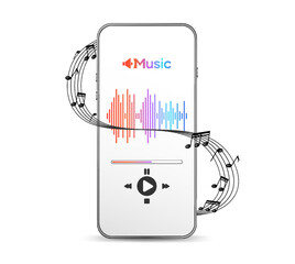 Music audio equipment. Recording sound notes isolated on white background. Mobile smartphone screen with music application, sound headphones. Live online radio player mockup vector.