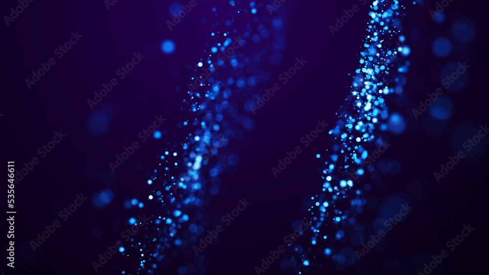 Poster magical sparkles of light form abstract structures. blue glow particles with amazing bokeh for fanta
